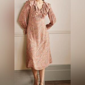 Boden Peach-Pink Paisley Midi Dress with Ruffle V-Neck